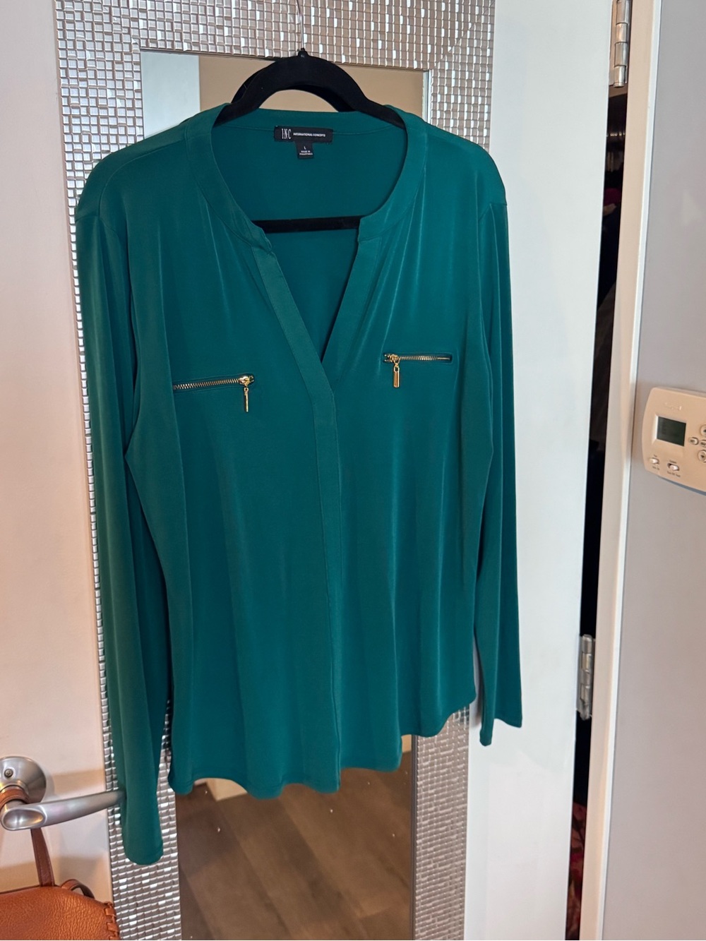 INC International Concepts, Emerald green V-Neck Blouse with Gold Zipper Accents - Picture 6 of 7